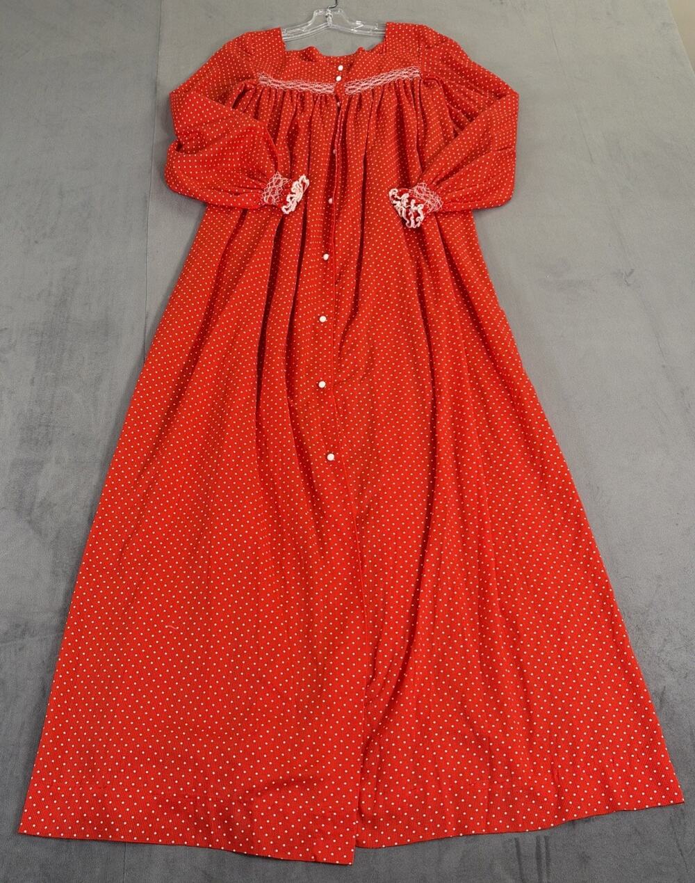 Vtg Handmade Smocked Red Polka Dot Long Sleeve Nightgown Cottagecore Granny